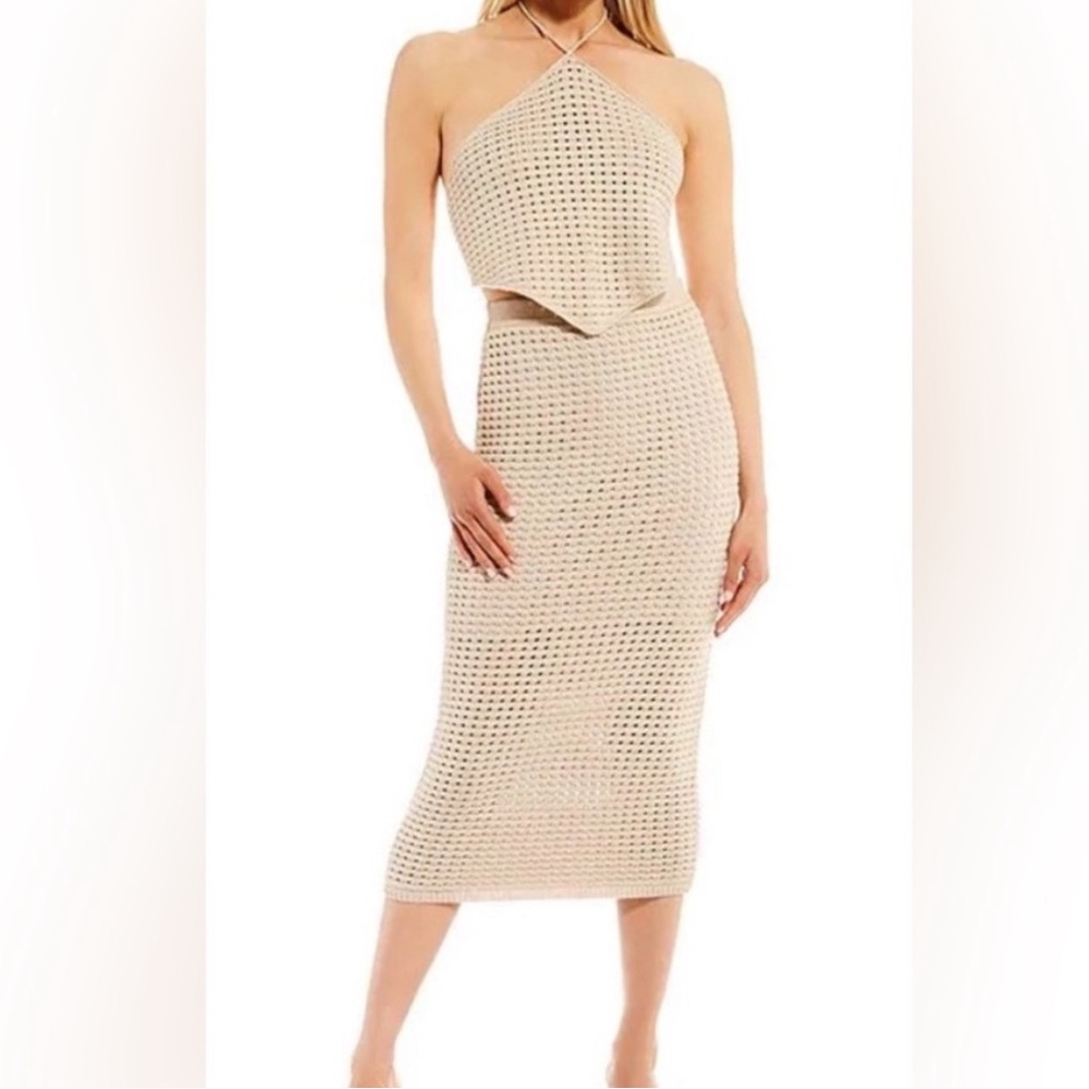 Gianni Bini Tan Crochet Edie Skirt Set Halter Top Natural Midi Skirt XS